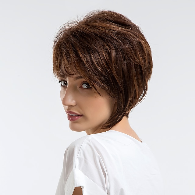  Menneskehårblanding Paryk Bølget Pixie Frisure Korte frisurer 2020 Mørkebrun Naturlig hårgrænse Lågløs Dame Beige 10 tommer Dagligdagstøj