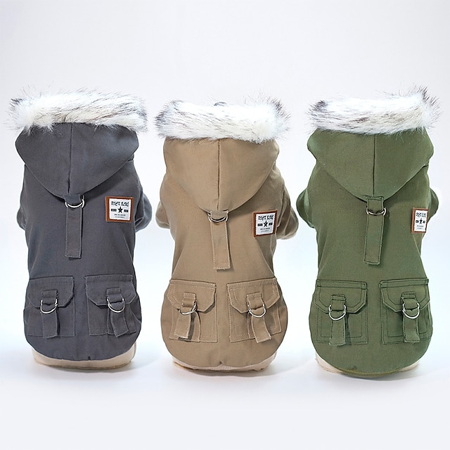  Dog Coat Hoodie Puppy Clothes  Classic Vintage Minimalist Keep Warm Outdoor Winter Dog Clothes Puppy Clothes Dog Outfits Dark Green Khaki Gray Costume  Dog Cotton S M L