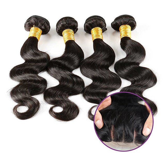  4 bundels met sluiting Haar weeft Peruaans haar Body Golf Extensies van menselijk haar Remy mensenhaar Extentions van mensenhaar Haarinslag met sluiting 8-26 inch(es) Naturel Zacht Beste kwaliteit