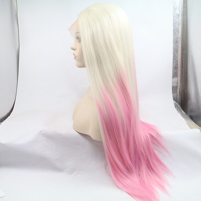 Synthetic Lace Front Wig kinky Straight Kardashian Layered Haircut Lace Front Wig Pink Medium Length Pink Synthetic Hair 26 inch Women's Women White Pink Sylvia