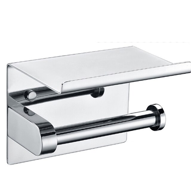 Toilet Paper Holder New Design Contemporary Stainless Steel Bathroom Shelf with Mobile Phone Storage Wall Mounted Silvery 1pc4