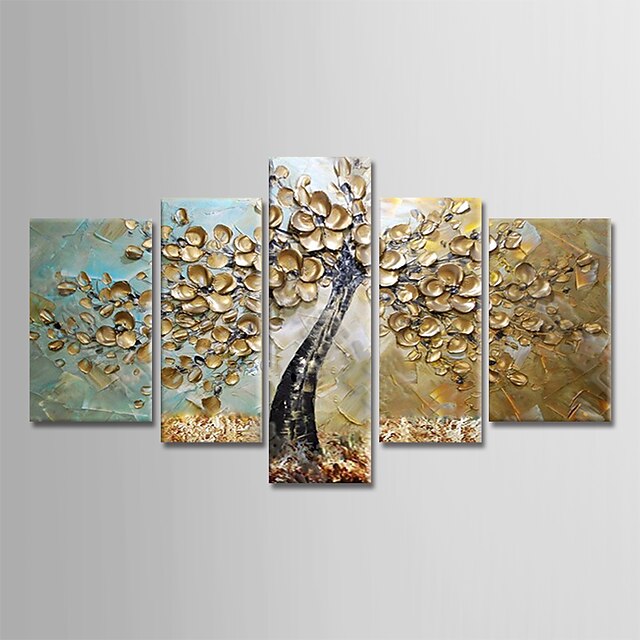  Oil Painting Hand Painted Vertical Floral / Botanical Modern Stretched Canvas / Five Panels