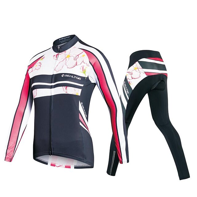  Realtoo Women's Long Sleeve Cycling Jersey with Tights Winter Spandex Polyester Black Floral Botanical Plus Size Bike Clothing Suit Thermal Warm Breathable 3D Pad Quick Dry Sweat-wicking Sports