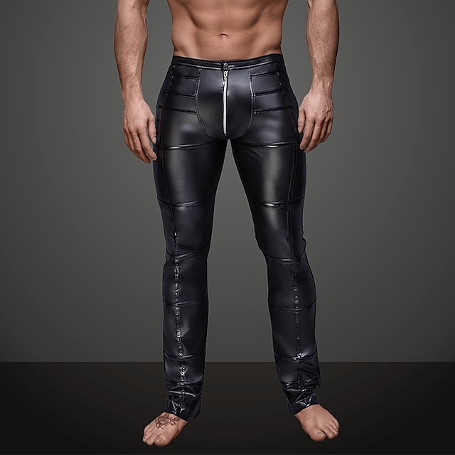  Men's Faux PU Leather Skinny Slim Fit Straight Leg Metallic Biker Pants With Zipper And Button Punk & Gothic Club Sporty / Legging - Solid Colored, Ruched Mid Waist Black