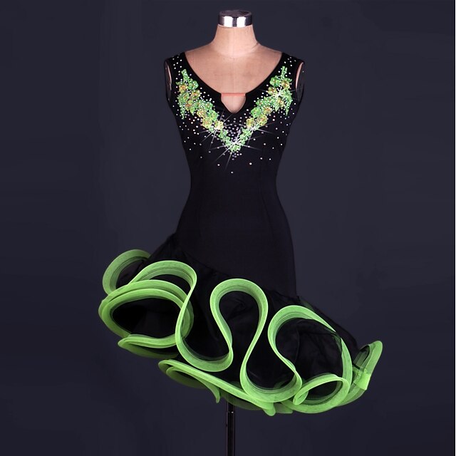  Latin Dance Dresses Women's Training Spandex / Tulle Appliques / Crystals / Rhinestones Sleeveless High Dress