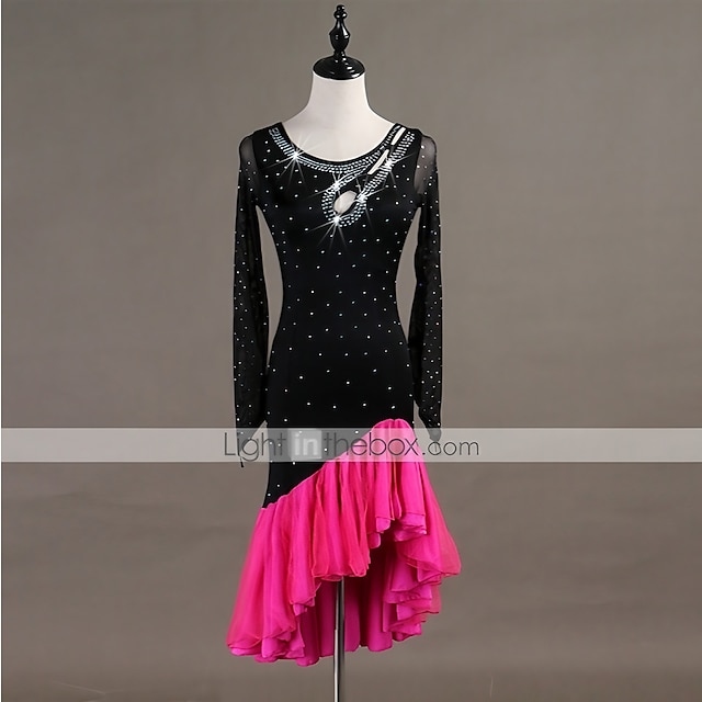  Dance Salsa Latin Dance Dress Fringed Tassel Crystals / Rhinestones Women‘s Training Long Sleeve High Spandex Tulle without Underpants
