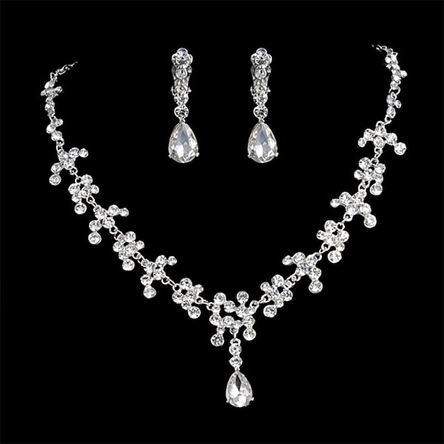  Damen Weiß Kristall Halskette Ohrringe Set Klassisch Gypsophila Luxus Strass Ohrringe Schmuck Silber Für Hochzeit Party 1 set
