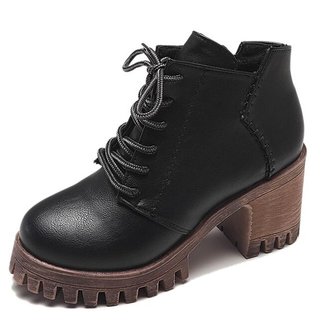  Жен. Ботинки Fashion Boots На толстом каблуке Круглый носок Полиуретан Осень Темно-коричневый / Черный