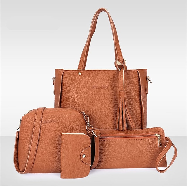  Women's Bags PU Leather Bag Set 4 Pieces Purse Set Tassel Shopping Date Bag Sets Oversize Bag Black Red Blushing Pink Brown