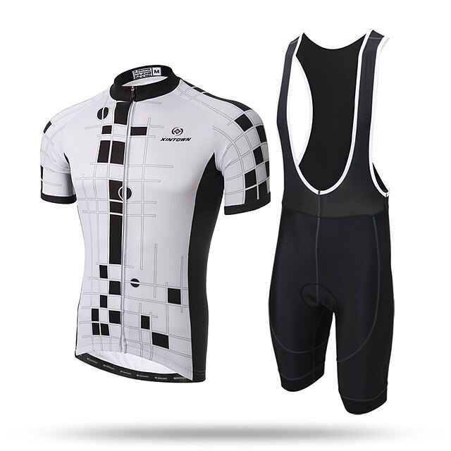  XINTOWN Men's Short Sleeve Cycling Jersey with Bib Shorts Black / White Plaid / Checkered Bike Jersey Bib Tights Breathable 3D Pad Quick Dry Reflective Strips Sweat-wicking Sports Elastane Plaid