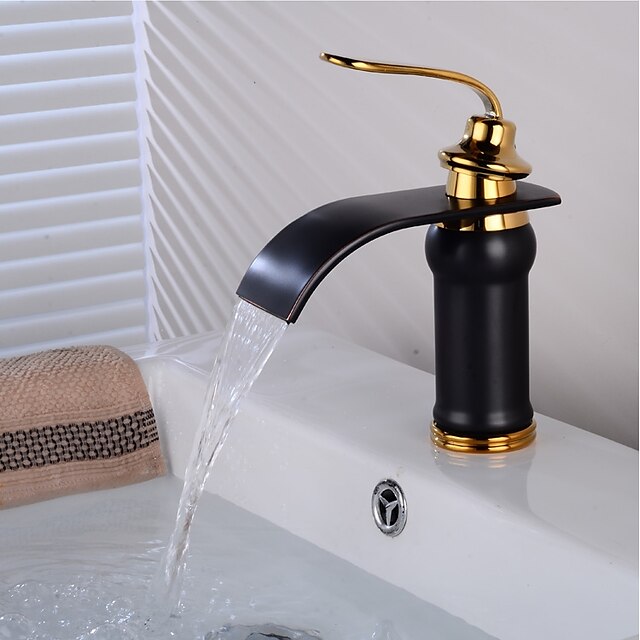  Bathroom Sink Faucet - Waterfall Gold / Black Centerset Single Handle One HoleBath Taps