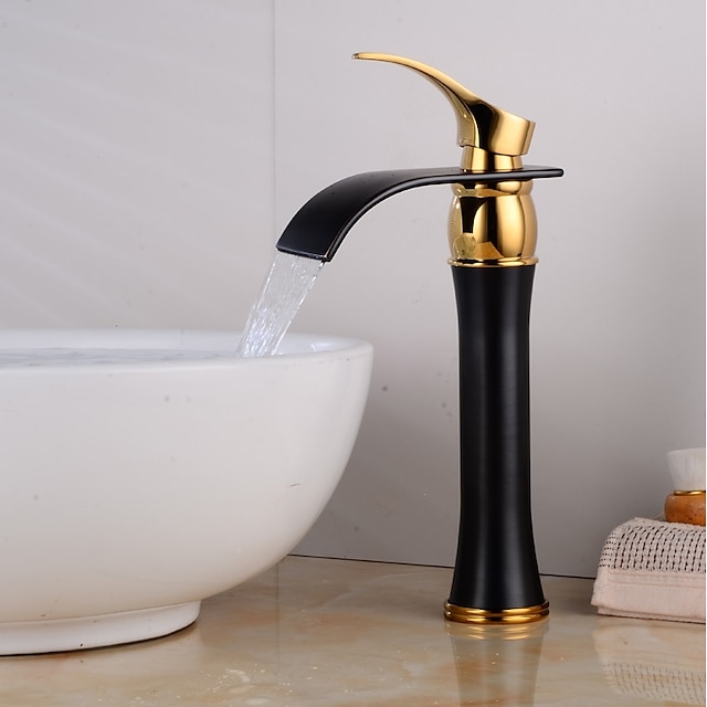  tvättställsblandare, vintage vattenfall oljegnidat guld/svart centerset enkelhandtag ett håls badkranar med varmt och kallt vatten