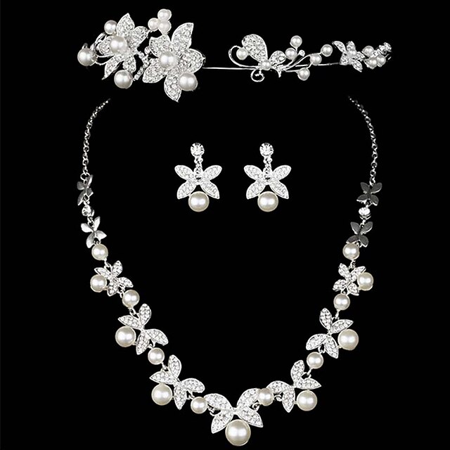  Women's White forehead jewelry Pearl Necklace Earrings Set Beads Gypsophila Classic Imitation Pearl Earrings Jewelry White For Party Wedding 1 set