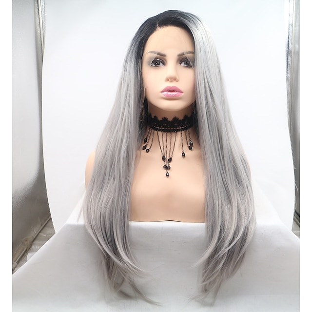  Synthetic Lace Front Wig kinky Straight Layered Haircut Lace Front Wig Medium Length Grey Synthetic Hair 26 inch Women's Women Dark Gray Black Sylvia