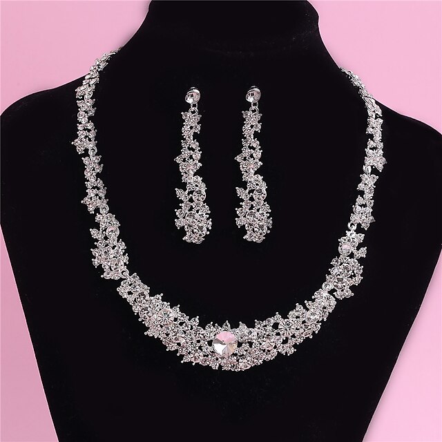  Women's White Crystal Necklace Earrings Set Classic Gypsophila Luxury Earrings Jewelry Silver For Wedding Party 1 set