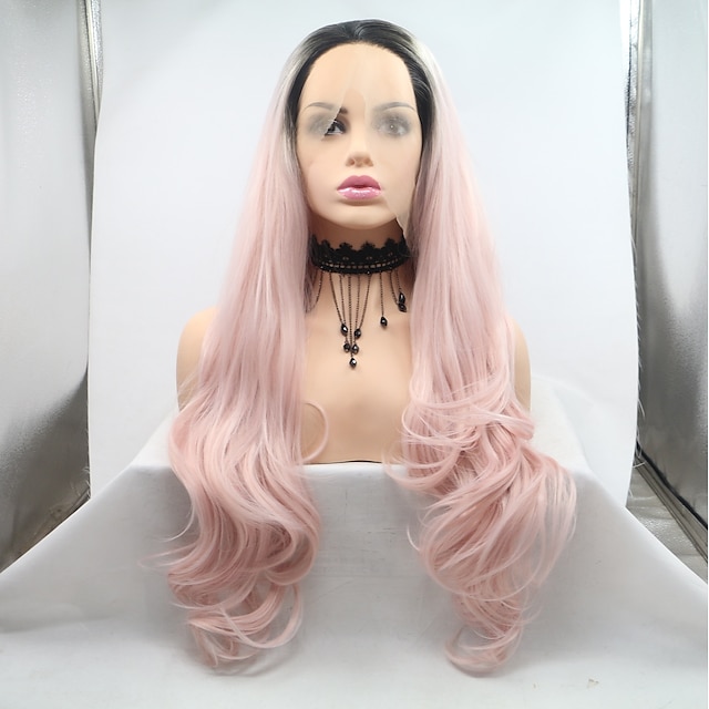  Synthetic Lace Front Wig Body Wave Kardashian Layered Haircut Lace Front Wig Pink Long Black / Pink Synthetic Hair 24 inch Women's Women Black Pink Sylvia