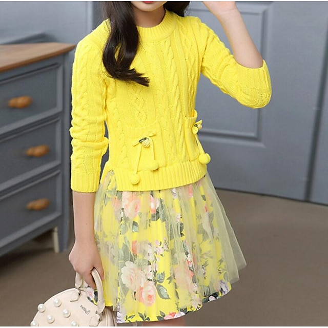  Kids Little Girls' Dress Floral Patchwork Daily Going out Mesh Bow Print Yellow Blushing Pink Above Knee Long Sleeve Streetwear Sweet Dresses Fall Winter