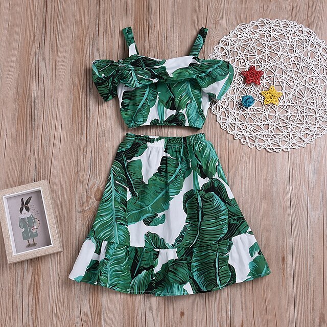  Kids Girls' Clothing Set Sleeveless Green Tropical Leaf Print Print Party Holiday Active Basic Short