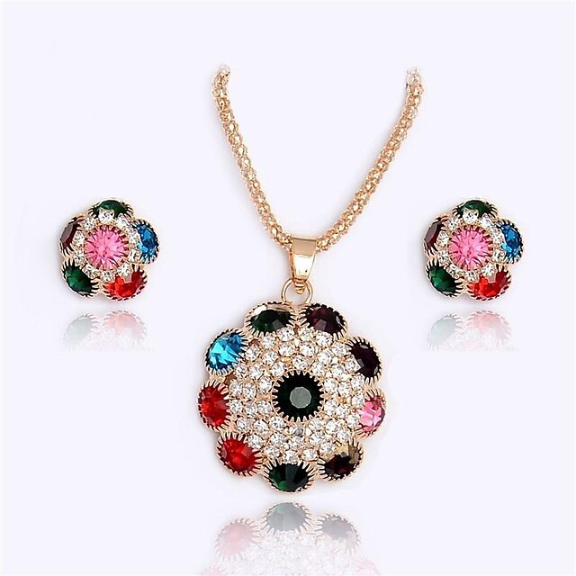  Women's Multicolor Cubic Zirconia Stud Earrings Pendant Necklace Spiga Flower Ladies Stylish Sweet Rhinestone Earrings Jewelry Rainbow For Gift Date 1 set