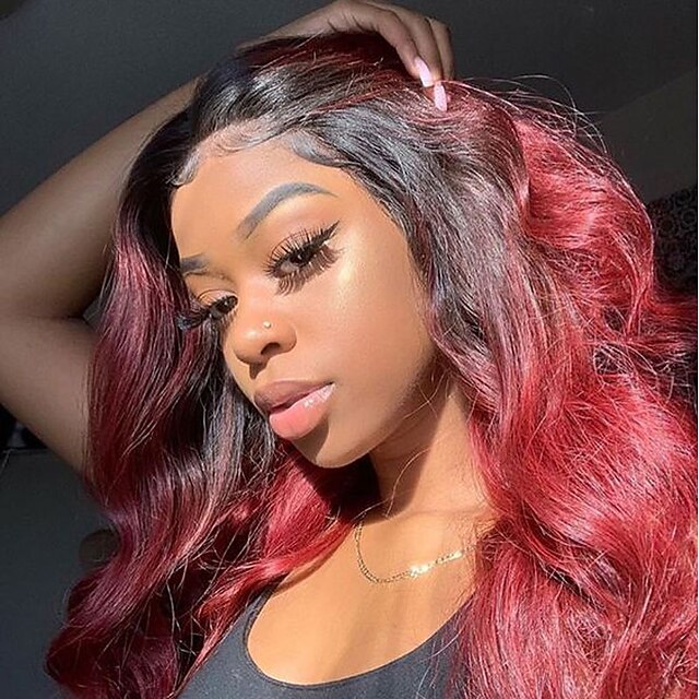  Synthetic Wig Synthetic Lace Front Wig Wavy Body Wave Middle Part with Baby Hair Lace Front Wig Long Black / Burgundy Synthetic Hair 26 inch Women's Soft Heat Resistant Natural Hairline Red