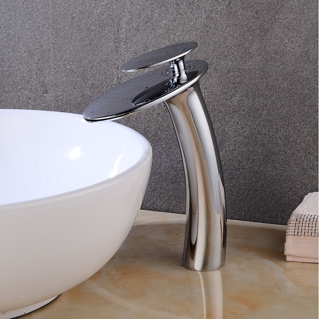  Grifo de lavabo de baño de estilo moderno, grifos de baño de un solo orificio cromados modernos de cascada alta con interruptor de agua caliente y fría
