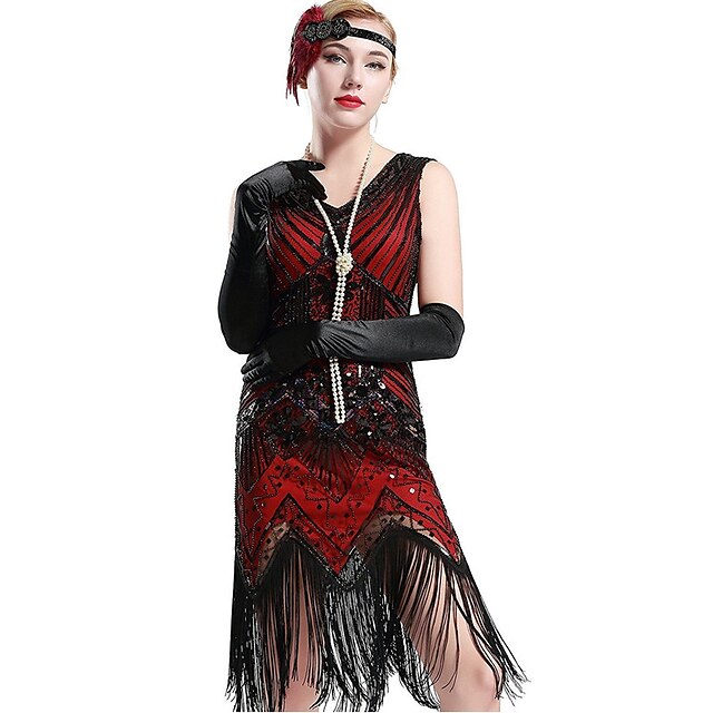  The Great Gatsby Charleston 1920s Roaring Twenties Flapper Dress Dress Flapper Headband Women's Sequins Costume Head Jewelry Vintage Necklace Red black Vintage Cosplay Party Prom Sleeveless / Gloves