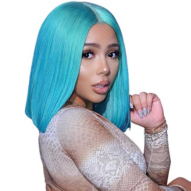  Remy Human Hair Lace Front Wig Bob Short Bob Wendy style Brazilian Hair Straight Blue Wig 130% Density with Baby Hair Women Natural Hairline Coloring Bleached Knots Women's Short Human Hair Lace Wig