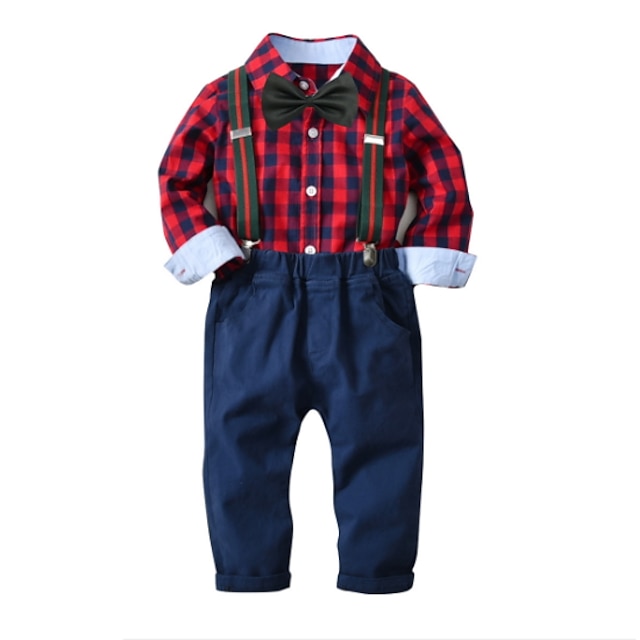 Baby & Kids Boys Clothing | Kids Boys Shirt & Pants Clothing Set Long Sleeve Red Houndstooth Christmas Cotton Basic - SG73859