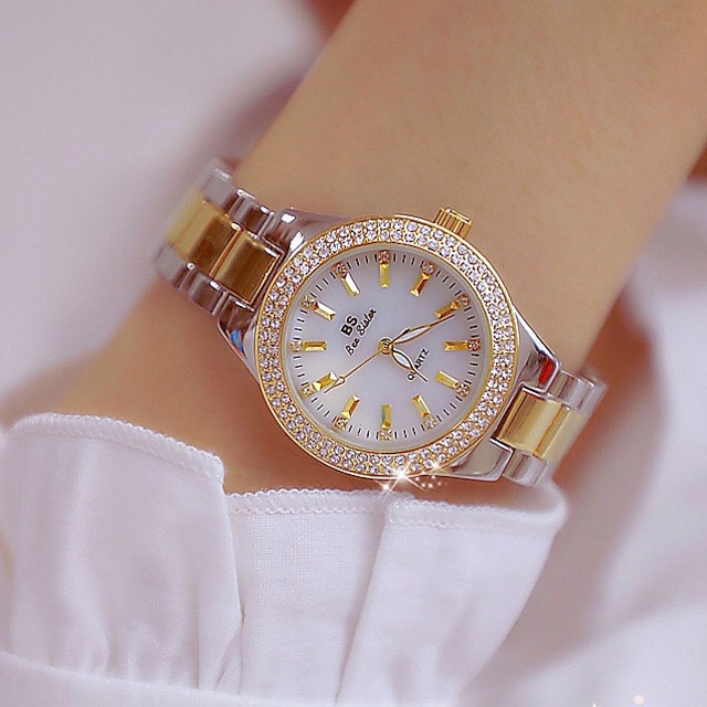  Quartz Ladies Wrist Watches for Women Dress Gold Crystal Diamond Watches Analog Quartz Luxury Stainless Steel Silver Clock