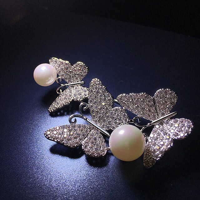 Women's AAA Cubic Zirconia Brooches Classic Butterfly Ladies Korean Pearl Silver Plated Brooch Jewelry Silver For Daily