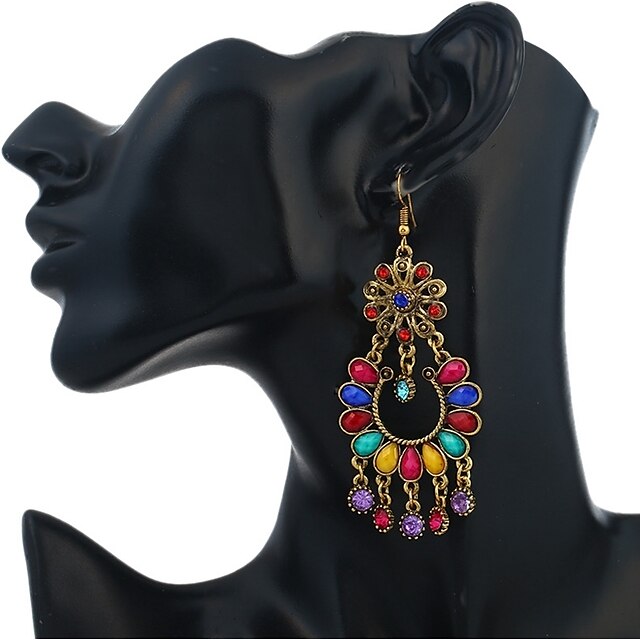  Women's Drop Earrings Hanging Earrings Hollow Out Flower Rainbow Ladies Vintage Ethnic African Resin Rhinestone Earrings Jewelry Red / Green / Rainbow For Daily 1 Pair