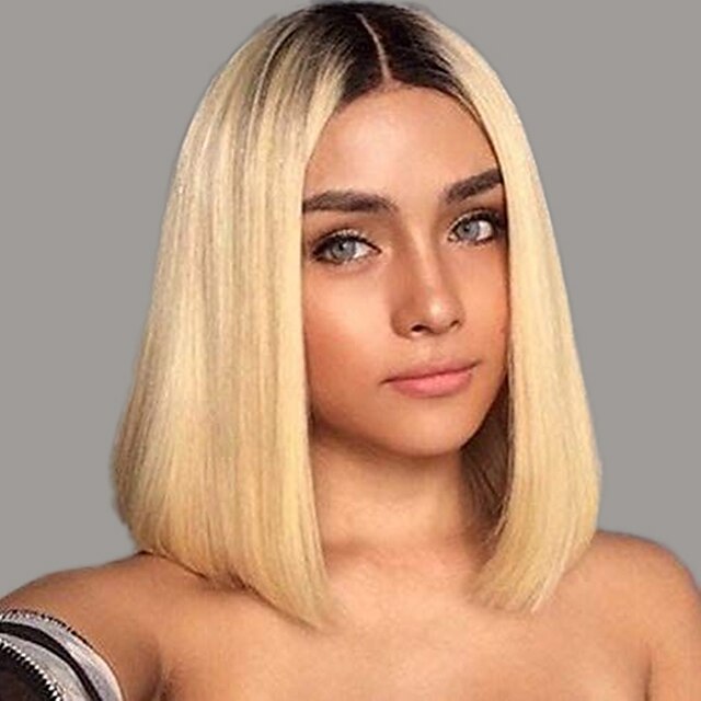  Unprocessed Human Hair Lace Front Wig Bob Middle Part Deep Parting Kardashian style Brazilian Hair Yaki Straight Blonde Wig 150% Density Thick with Clip Women's Medium Length Human Hair Lace Wig