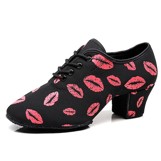  Mujer Zapatos de Baile Latino Practica Trainning Zapatos de baile Baile en línea Rendimiento Fiesta Entrenamiento Con Lazo Patrón / Estampado Oxford Zapatilla Diseño / Estampado Talón grueso Negro