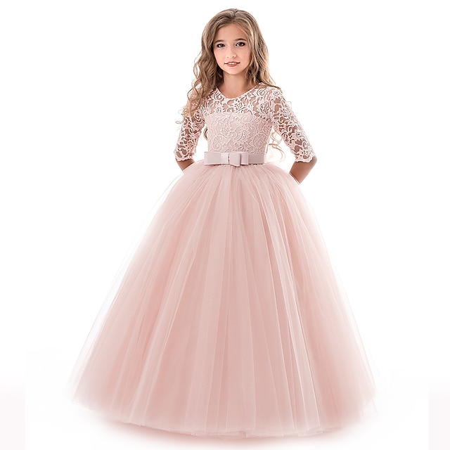  Princess Lace Prom Dress Flower Girl Dress 3-13 Years Kids Little Girls' Floral Lace Party Wedding Evening Hollow Out Lace Tulle Maxi Short Sleeve Flower Gowns Wedding Guest