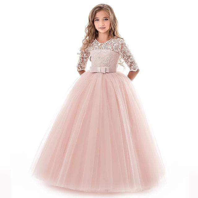 Princess Lace Prom Dress Flower Girl Dress 3-13 Years Kids Little Girls' Floral Lace Party Wedding Evening Hollow Out Lace Tulle Maxi Short Sleeve Flower Gowns Wedding Guest 13