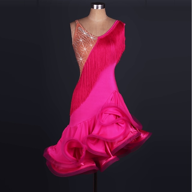  Dance Salsa Latin Dance Dress Fringed Tassel Crystals / Rhinestones Women‘s Training Performance Sleeveless High Spandex Tulle