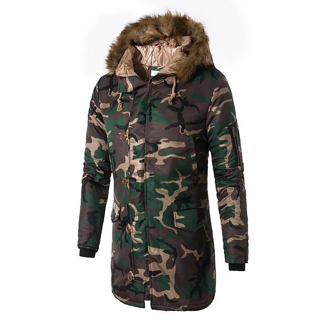  Men's Daily Basic Geometric / Camouflage Long Padded, Polyester Long Sleeve Hooded Navy Blue / Army Green XL / XXL / XXXL