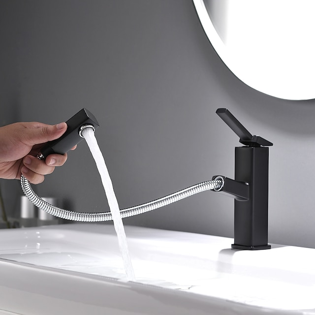  Bathroom Sink Faucet - FaucetSet / Pullout Spray Black Deck Mounted Single Handle One HoleBath Taps