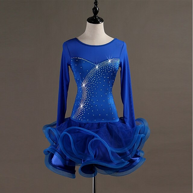  Latin Dance Dress Crystals / Rhinestones Women's Training Performance Long Sleeve High Spandex Tulle