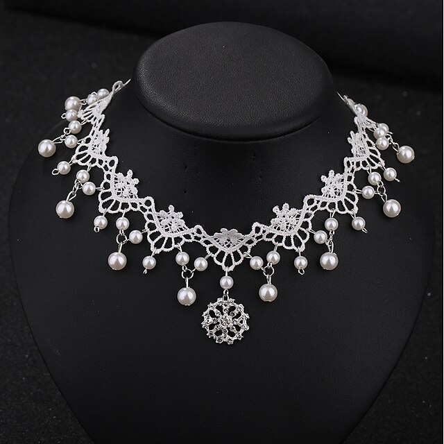  Women's Choker Necklace Beads Elegant Cute Imitation Pearl Lace Rhinestone White 32 cm Necklace Jewelry 1pc For Wedding Date