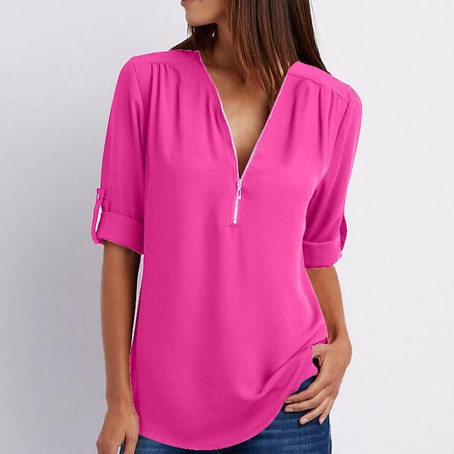 

Women's Blouse Shirt Solid Colored Zipper Quarter Zip V Neck Basic Tops Watermelon Pink Blushing Pink Wine