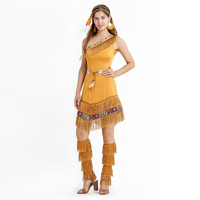  American Indian Outfits Women's Costume Brown Vintage Cosplay Short Sleeve Mini Mid Thigh