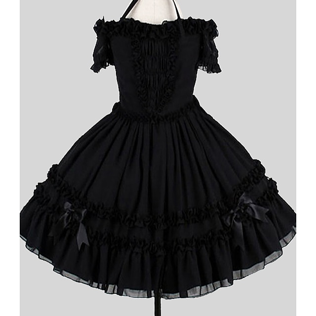  Γλυκιά Λολίτα Κομψό φόρεμα διακοπών Φορέματα Γυναικεία Κοριτσίστικα Βαμβάκι Ιαπωνικά Κοστούμια Cosplay Μεγάλα Μεγέθη Προσαρμοσμένη Μαύρο Βραδινή τουαλέτα Μονόχρωμο Πεταλούδα Κοντομάνικο