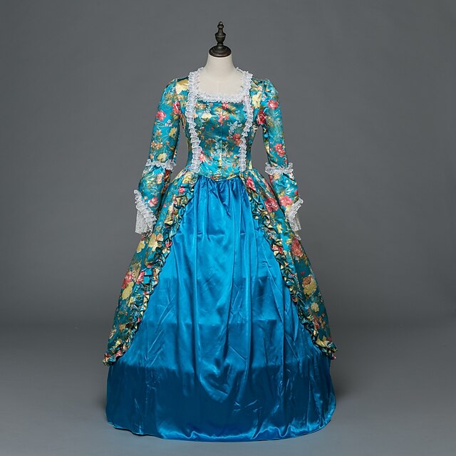  Rococo Victorian Costume Women's Party Costume Masquerade Blue Vintage Cosplay Stretch Satin Satin Long Sleeve Floor Length Ball Gown / Floral