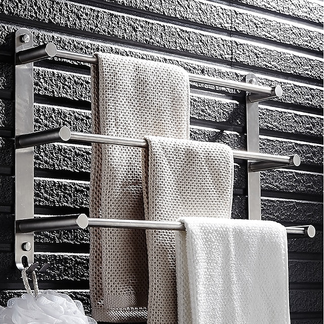  handdukshållare med krokar för badrum, 3-vånings väggmonterad rostfritt stål handdukshållare i borstat nickel rostsäker handduksstång 40/50/60 cm (silverig)