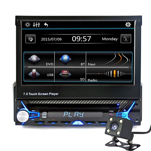  7 بوصة 1 الدين LCD تعمل باللمس سيارة دي في دي أخرى عالية الوضوح / المدمج في بلوتوث / التحكم في مستوى الصوت لدعم عالمي / تخزين الذاكرة / واجهة 3D / الأصوات / متعددة الوظائف / دعم SD / USB
