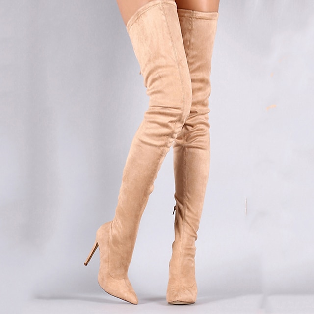 Women Thigh High Faux Suede Winter Stretch Over The Knee Boots Zip High Heel Pointed Toe Boots