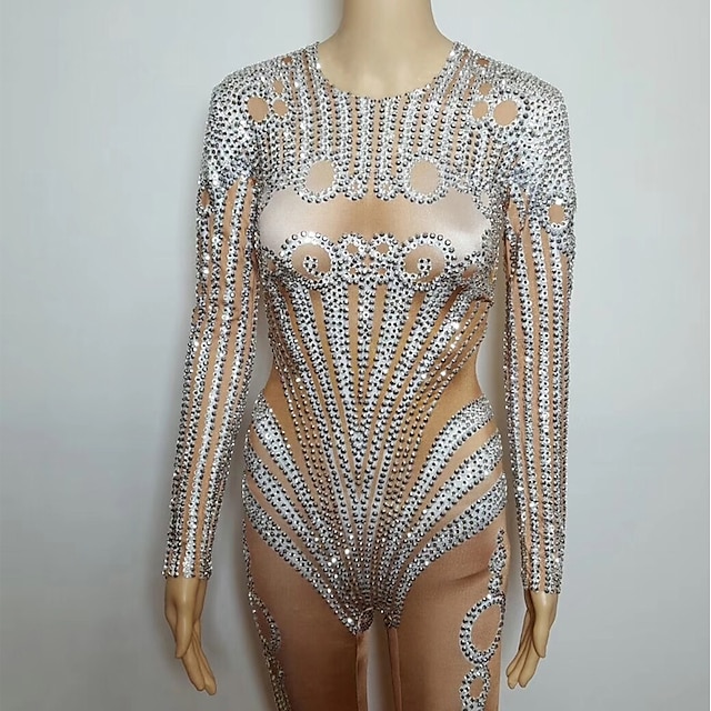  Exotic Dancewear Rhinestone Bodysuit / Club Costume Women's Performance Spandex Crystals / Rhinestones Long Sleeve Leotard / Onesie