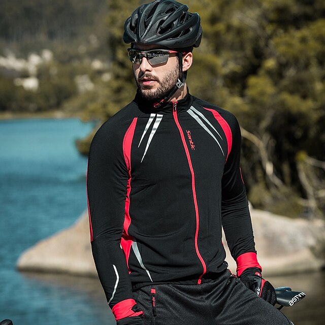  SANTIC Men's Cycling Jacket Bike Jacket / Top Windproof, Fleece Lining, Thermal / Warm Solid Colored Spandex, Fleece Winter Black Advanced Mountain Cycling Semi-Form Fit Bike Wear Advanced Sewing