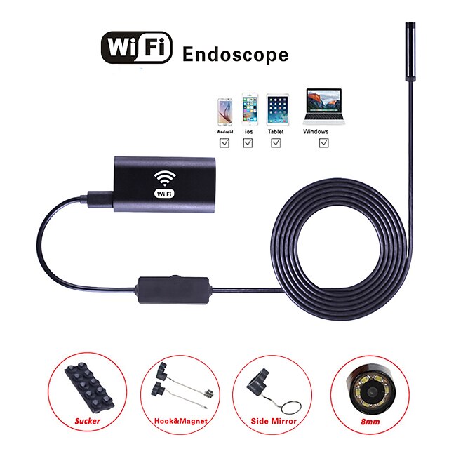  wifi endoszkóp kamera 8mm objektív vízálló ellenőrzés borescope ip67 hd endoszkóp kígyó ios android tabletta kemény cső 2m